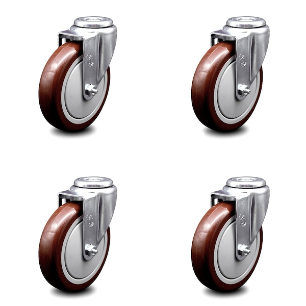 5 Inch Maroon Polyurethane Wheel Swivel Bolt Hole Caster Set